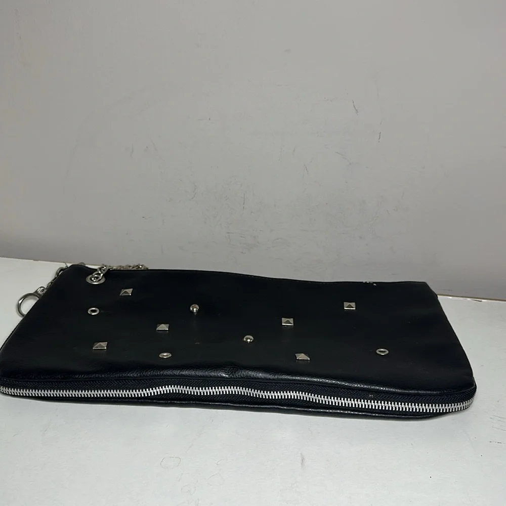Black silver Studded faux Leather Clutch with chain expandable